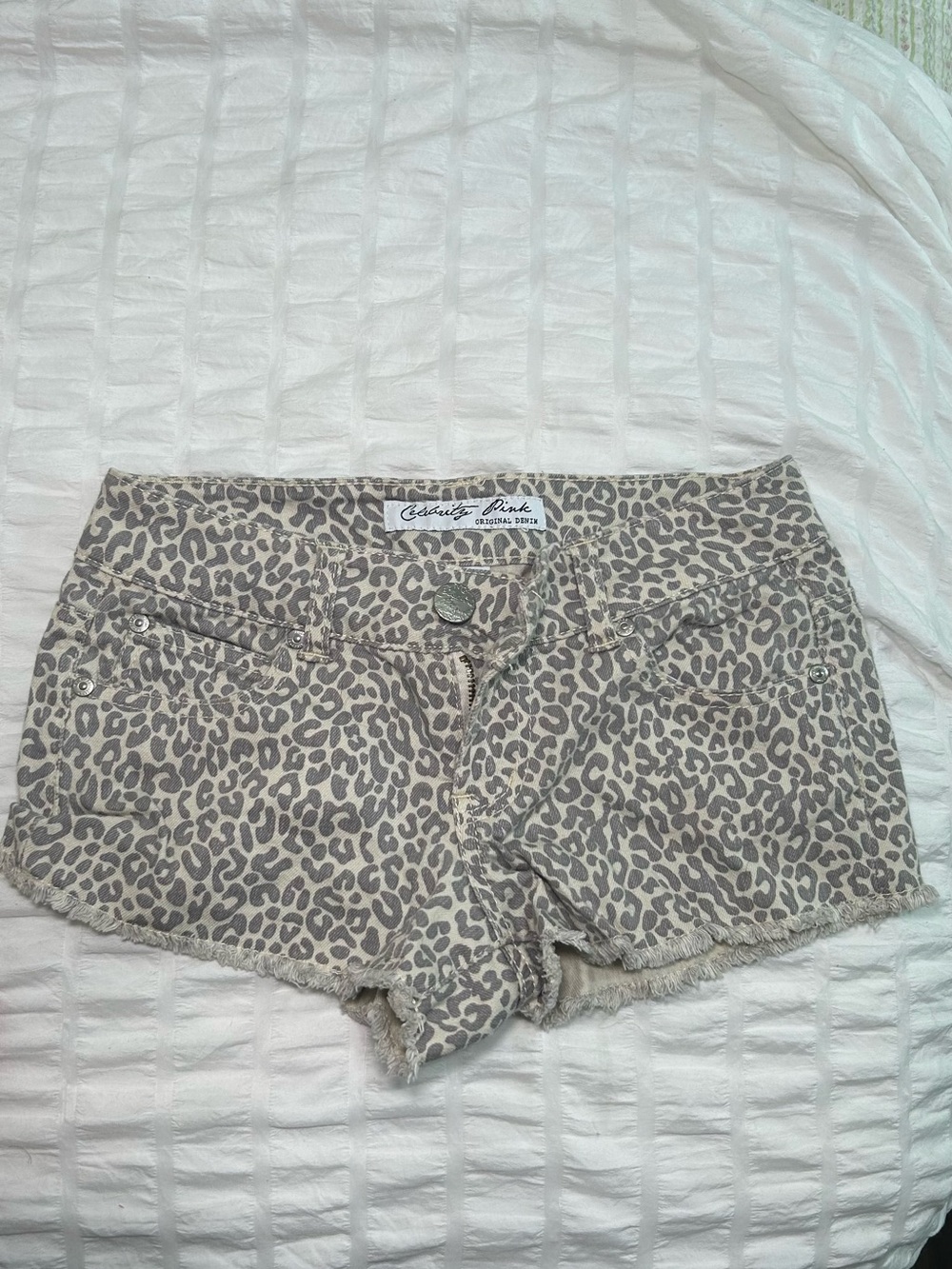 Celebrity Pink Beige Leopard Print Denim Shorts